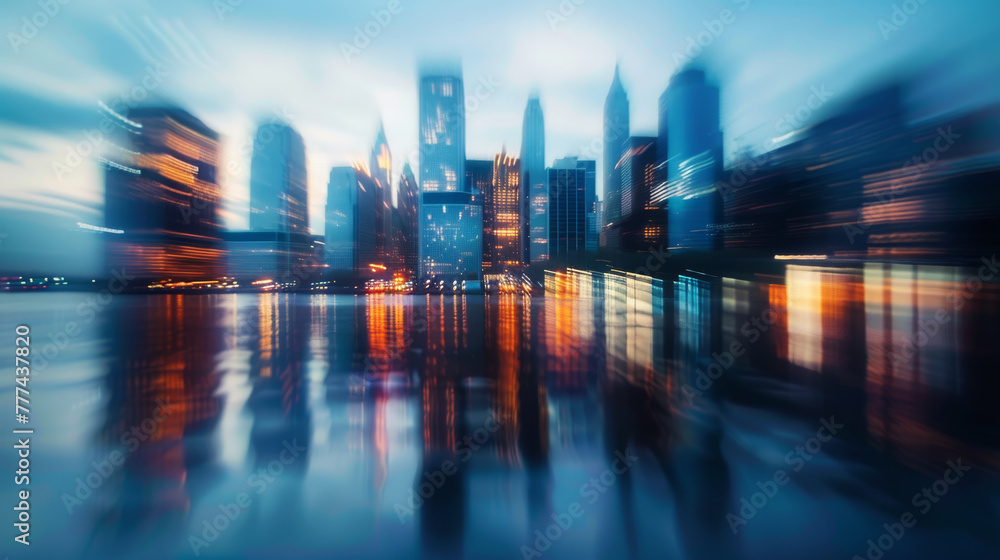 Abstract blurry blue cityscape background, blurred abstract city skyline, blurred urban reflection in water surface.