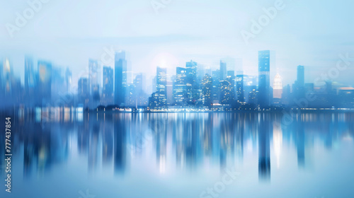 Abstract blurry blue cityscape background, blurred city landscape with skyscrapers and buildings.
