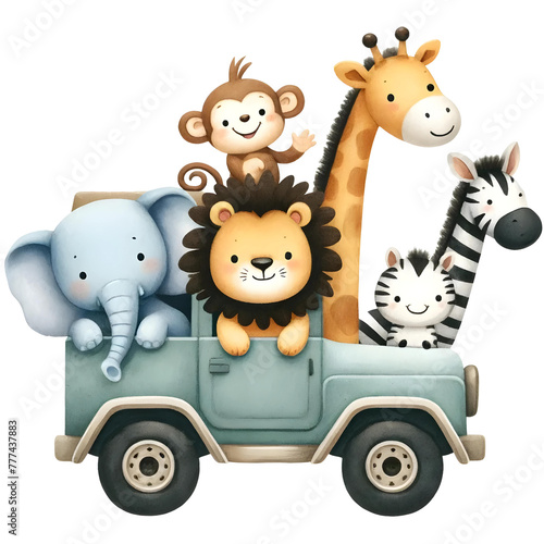 Safari Animals Riding on Truck Watercolor Clipart