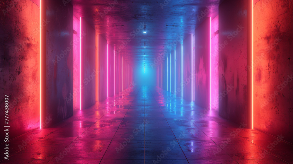3D Illustration. Illuminated dark concrete surface surrounded by modern neon colour lights. Computer graphic background or sports stadium. Template for adding your content. 3D Illustration. Illuminated dark concrete surface surrounded by modern neon colour lights. Computer graphic background or sports stadium. Template for adding your content.