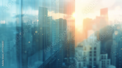 Blurred cityscape background with blurry office building windows. Abstract motion blurred skyscraper buildings and sky in a modern urban setting.