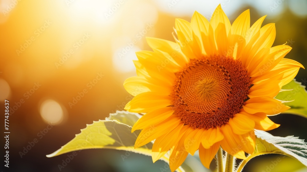 Fototapeta premium Summer banner with sunflower in blurred nature background for horizontal agriculture promotion