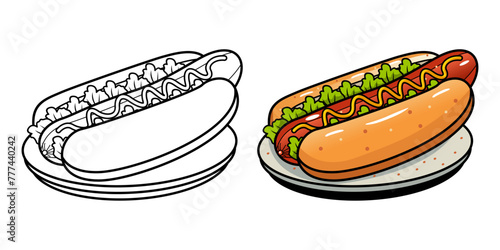 Vector Illustration of a hot dog with lines and colors, for children's coloring book