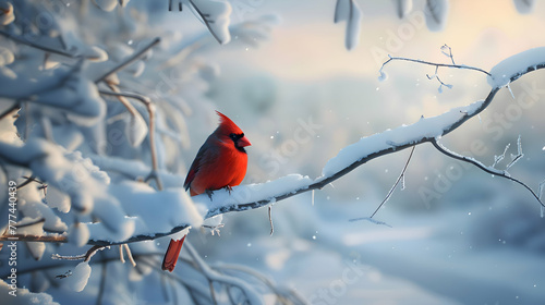 A cardinal resting on a snow-covered branch, with a serene winter landscape stretching into the distance photo