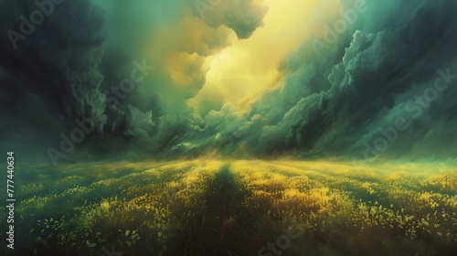 a mesmerizing depiction of a canola field surrounded by a tumultuous sky using AI, with a focus on the dynamic interplay between the crops and the stormy atmosphere attractive look