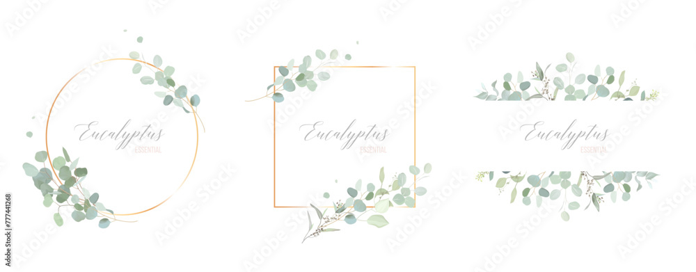 Herbal eucalyptus and gold vector frames. Hand painted branches, leaves on white backgrounds. Greenery wedding simple minimalist invitations. Watercolor cards. All elements are isolated and editable
