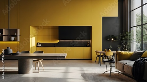 Living room with leather armchair on empty yellow wall background,
