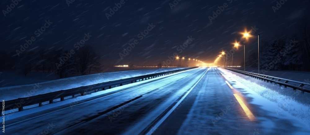Obraz premium winter highway at night shined with lamps