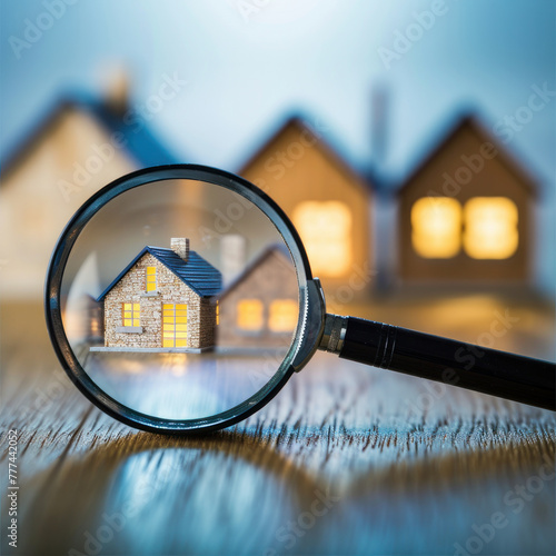 Hunt for the perfect home using a magnifying glass, navigating the real estate market for loans and investments. Great for property search concepts. AI generative