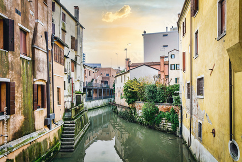 Photograph taken at a canal passing through the center of the city of Mestre in the Veneto region of Italy. Photo taken in March 2024 photo