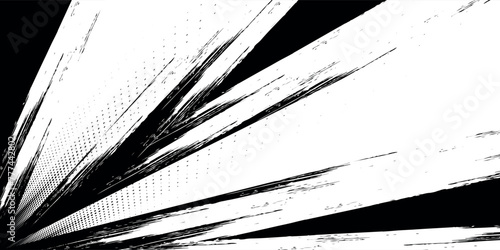 abstract black and white grunge background with splashes and halftone effects.