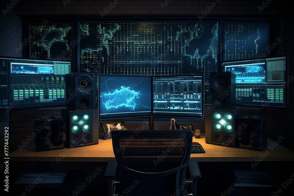 Programmer's workspace with multiple monitors Business technology. Safety of the social world Cyberspace concept. Software development and programming Programmer's workspace with multiple monitors Business technology. Safety of the social world Cyberspace concept. Software development and programming