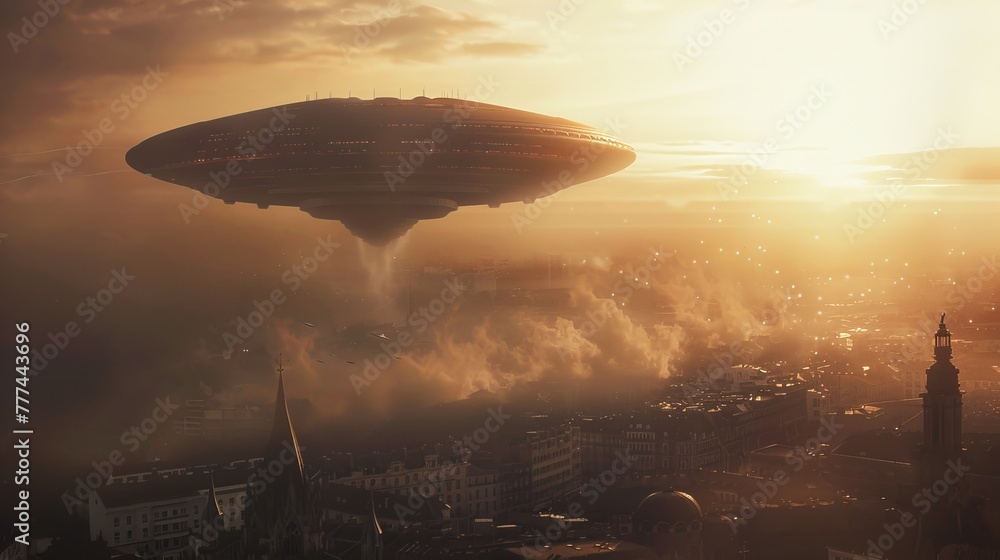 Extraterrestrial Spaceship Flying Above Town Extraterrestrial Spaceship Flying Above Town