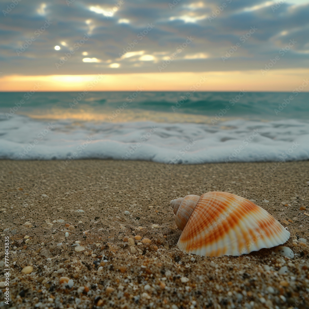 Embrace the beauty of nature with this stunning seashell lying on the pristine beach, against the backdrop of the vast, azure ocean. Perfect for seaside and tropical themes. AI generative