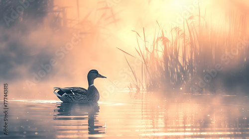 A charming duck wading through a misty morning marsh, its silhouette outlined against the dawn sky, while delicate reeds sway in the gentle breeze photo