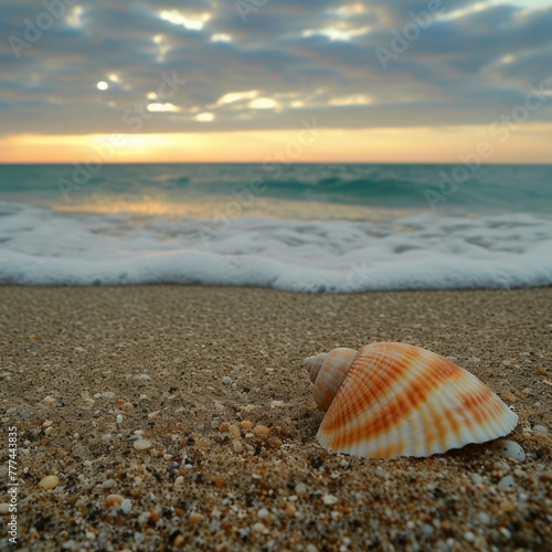 Embrace the beauty of nature with this stunning seashell lying on the pristine beach, against the backdrop of the vast, azure ocean. Perfect for seaside and tropical themes. AI generative