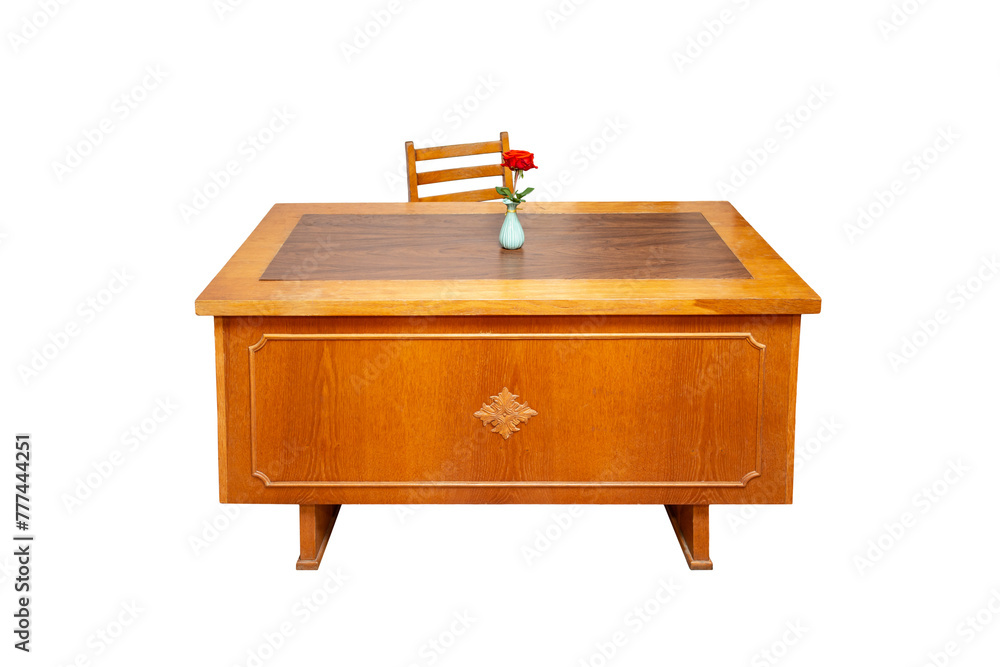 Retro wooden desk with a chair and a vase with a red rose, front view isolated on white background