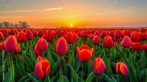 Field of tulips in bloom, sunrise, Holland landscape