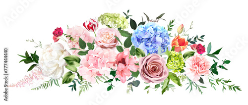 Bright hydrangea flowers, roses, tulips, peony, carnation, greenery and eucalyptus. Easter vector bouquet. Floral pastel watercolor. Blooming garden. Easter florals. Elements are isolated and editable