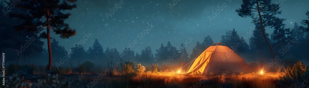 Peaceful Backyard Camping Under the Starry Night Sky with a Glowing Tent and Campfire