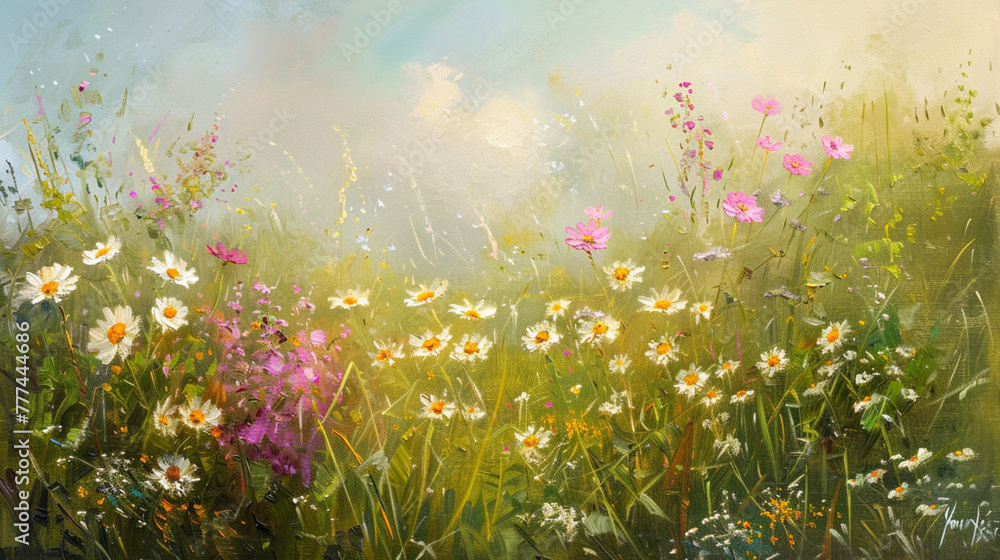 Sultry landscape. A field against the sky. Bright wildflowers. Oil painting. Generative AI.