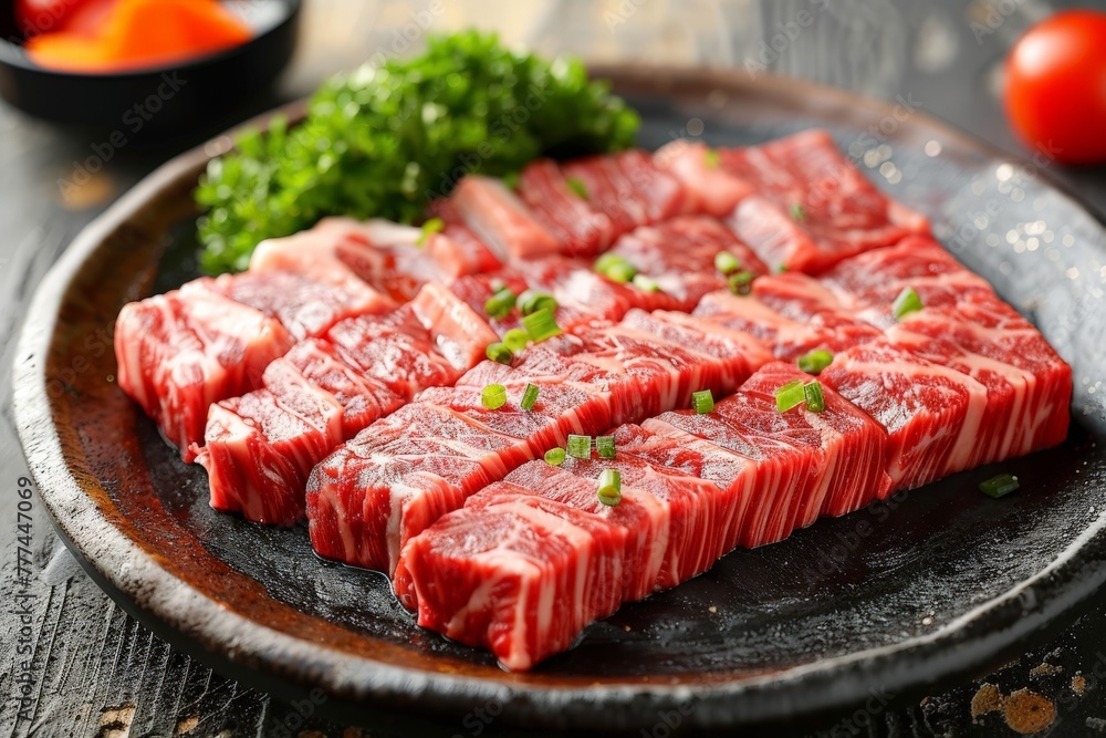 Close-up view of high-quality fresh Wagyu beef, sliced and neatly arrayed on a dark plate, garnished with green onions Close-up view of high-quality fresh Wagyu beef, sliced and neatly arrayed on a dark plate, garnished with green onions