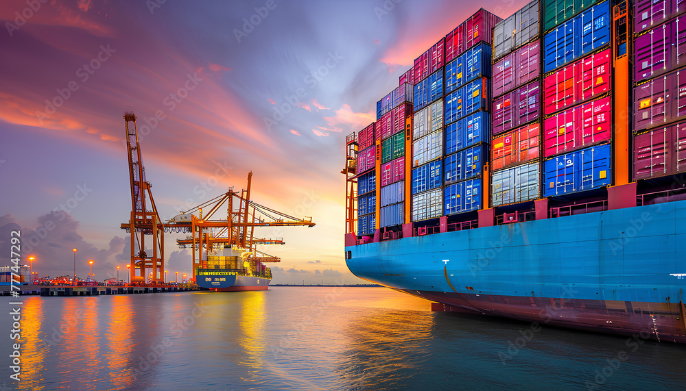 Fototapeta premium port with colorful containers being carefully loaded onto a large cargo ship, symbolizing the efficiency and global reach of import and export
