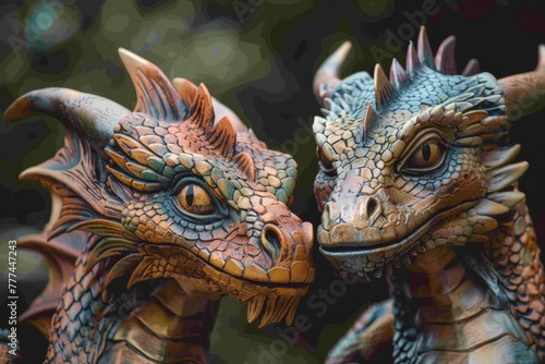 Two intricately detailed dragon sculptures looking at each other against a blurred background
