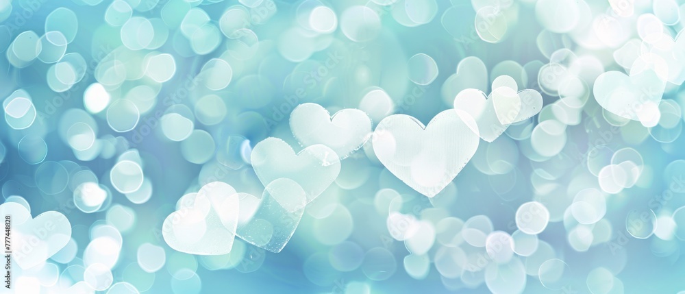 Light blue background with white hearts, pastel colors, blurred bokeh effect Generative AI