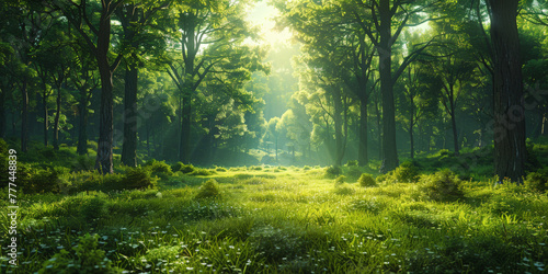 a green forest with tall trees and sunlight filtering through the leaves, banner natural landscape. sun rays through the forest, sun beams in green forest background. © Planetz