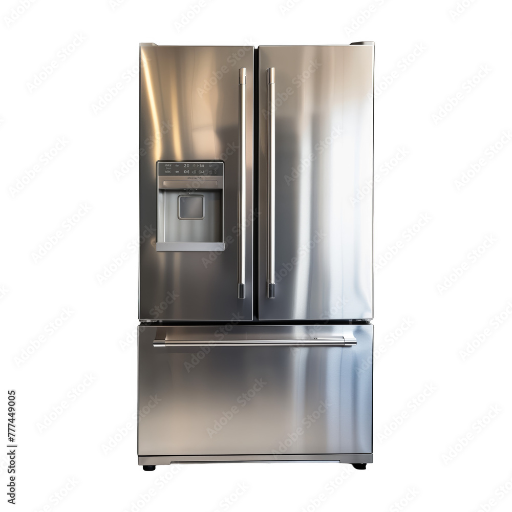 A stainless steel refrigerator with a water dispenser on the door A stainless steel refrigerator with a water dispenser on the door