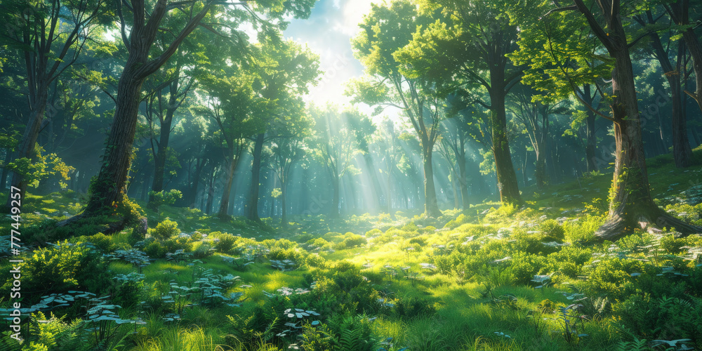 a green forest with tall trees and sunlight filtering through the leaves, banner natural landscape. sun rays through the forest, sun beams in green forest background.