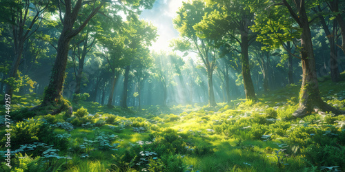 a green forest with tall trees and sunlight filtering through the leaves  banner natural landscape. sun rays through the forest  sun beams in green forest background.