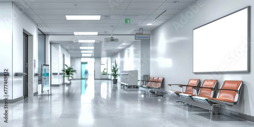 A mockup of an empty white poster on the wall in modern hospital waiting room with comfortable chairs and medical equipment. empty white blank poster on  white wall in hospital, white board  photo