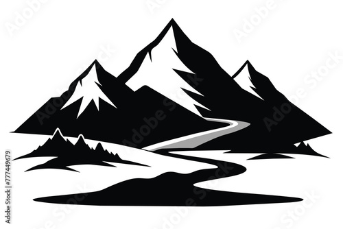 Landscape with silhouettes of mountains and Mountain river. Nature background. Vector illustration. Old style mountain vector illustration