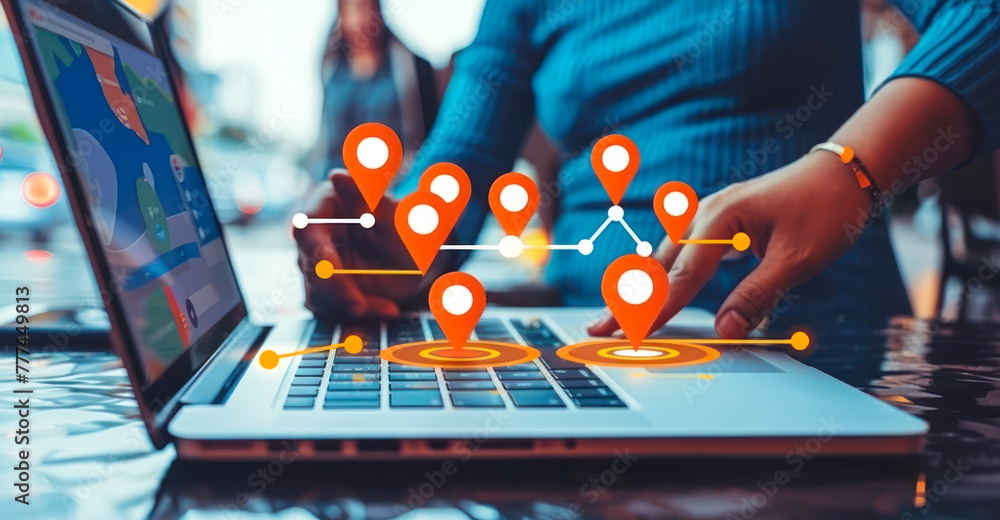 Local search engine optimization concept with people placing location pins on laptop screen, marketing strategy to improve online visibility and attract nearby customers - obrazy, fototapety, plakaty 