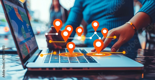 Local search engine optimization concept with people placing location pins on laptop screen, marketing strategy to improve online visibility and attract nearby customers