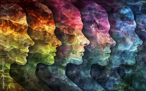 Abstract colorful background with silhouettes of human heads,concept art illustration. © Evodigger