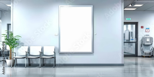 A mockup of an empty white poster on the wall in modern hospital waiting room with comfortable chairs and medical equipment. empty white blank poster on  white wall in hospital  white board 