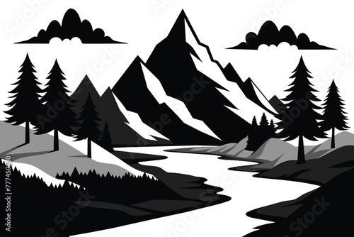 Landscape with silhouettes of mountains and Mountain river. Nature background. Vector illustration. Old style mountain vector illustration