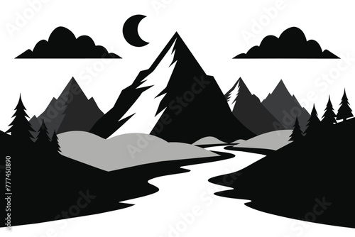 Landscape with silhouettes of mountains and Mountain river. Nature background. Vector illustration. Old style mountain vector illustration