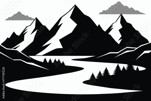 Landscape with silhouettes of mountains and Mountain river. Nature background. Vector illustration. Old style mountain vector illustration