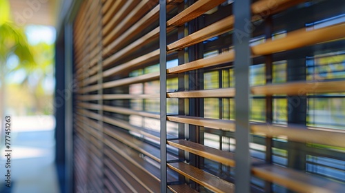 Close-Up of Wooden Blind Window Shade in Beautiful Home Interior