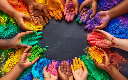 Hands covered in colorful paint, symbolizing creativity,DEI,Diversity,Equity and Inclusion.