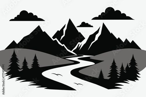 Landscape with silhouettes of mountains and Mountain river. Nature background. Vector illustration. Old style mountain vector illustration