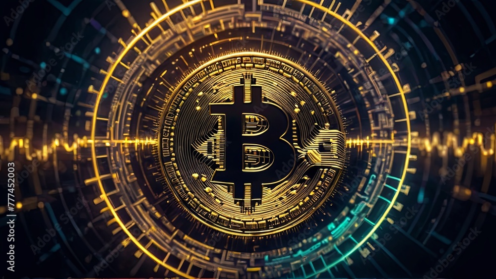 Obraz premium Crypto Nexus: Bitcoin Symbol Encircled by Digital Networks