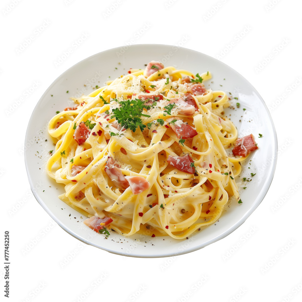 A plate of pasta with bacon and cheese