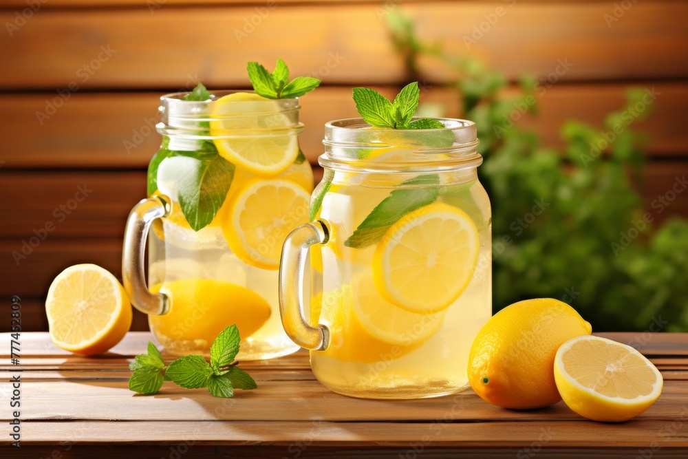 Summer lemonade in mason jars homemade refreshing drink with lemon slices and ice Summer lemonade in mason jars homemade refreshing drink with lemon slices and ice