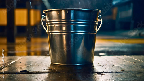 A bucket that stands in the rain and collects rainwater.