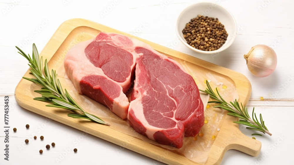 Composition with delicious pork steak and cooking ingredients on white background